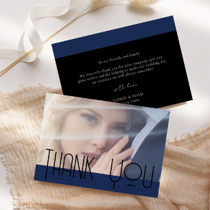 Simple Navy Blue Black Photo Wedding Thank You Card