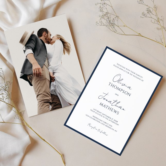 Simple Navy Blue Border Script Photo Wedding Invitation (Creator Uploaded)