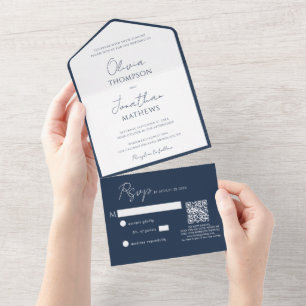 Simple Navy Blue Border Script QR Code Wedding All In One Invitation