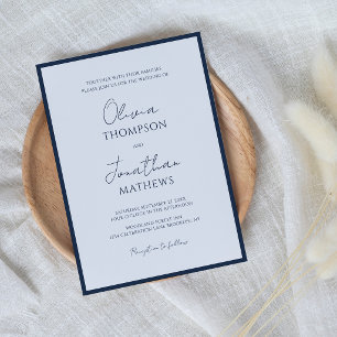 Simple Navy Blue Border Script Wedding Invitation
