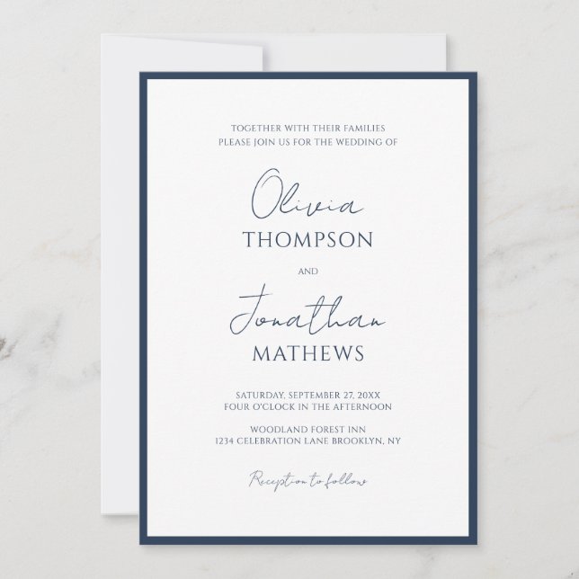 Simple Navy Blue Border Script Wedding Invitation (Front)