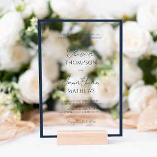 Simple Navy Blue Border White Script Wedding Acrylic Invitations