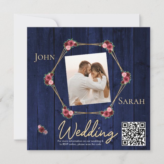 Simple Navy Blue Burgundy Photo Wedding QR Code (Front)
