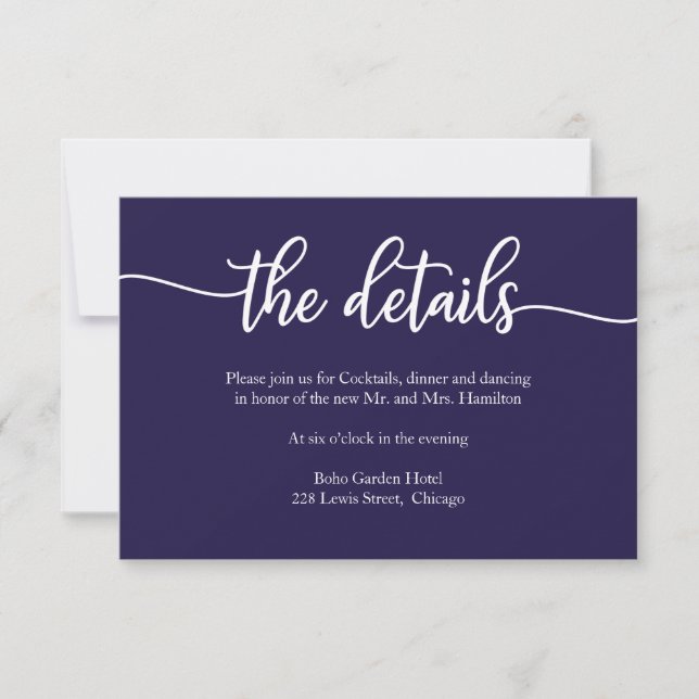 Simple Navy Blue Calligraphy Wedding Details Card (Front)