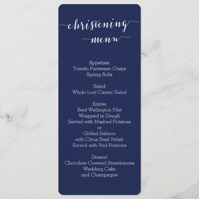 Simple Navy Blue Christening Menu Cards (Front)