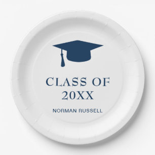 Simple Navy Blue Class Of Year Guy Graduation Cap Paper Plate