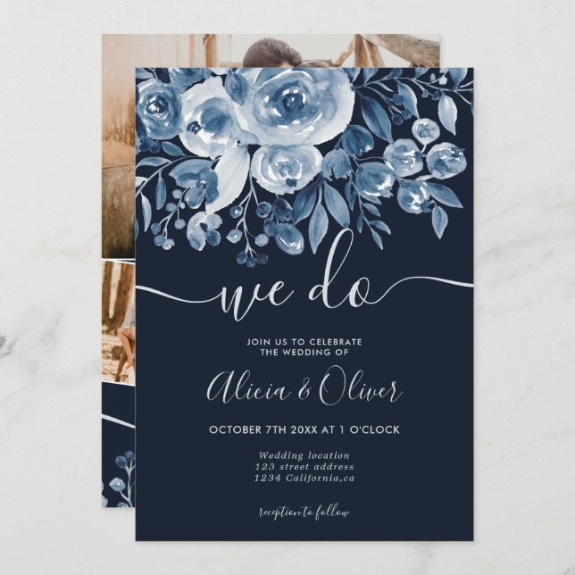 Simple navy blue floral photo initials wedding invitation (Front/Back)