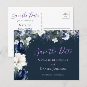 Simple Navy Blue Floral Save the Date Invitation Postcard