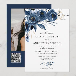 Simple Navy Blue Flowers QR Code & Photo Wedding Invitation