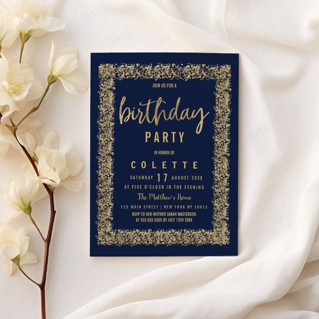 Simple navy blue gold confetti Birthday Party Invitation (Simple navy blue gold confetti Birthday Party )