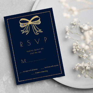Simple navy blue gold glitter bow ribbon RSVP Invitation