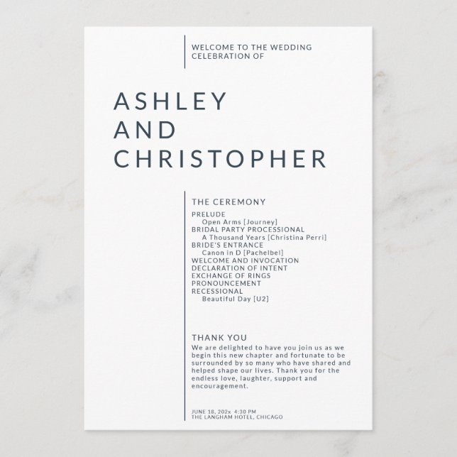 Simple Navy Blue Isolated Names Wedding Ceremony Programme (Front)