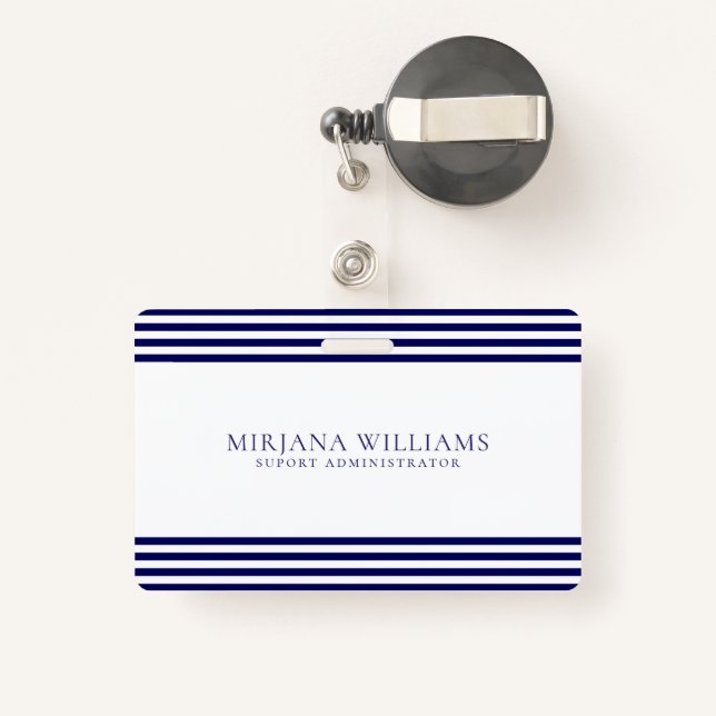 Simple Navy-Blue Lines Frame ID Badge (Back with Retractable)