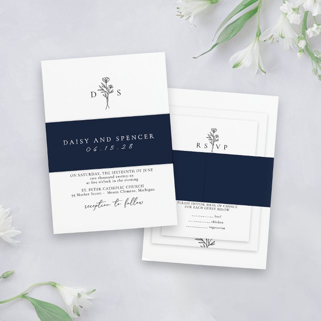 Simple Navy Blue Minimalist Names Classic Wedding Invitation Belly Band (Creator Uploaded)