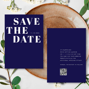 Simple Navy Blue Minimalist QR Code Wedding Save The Date