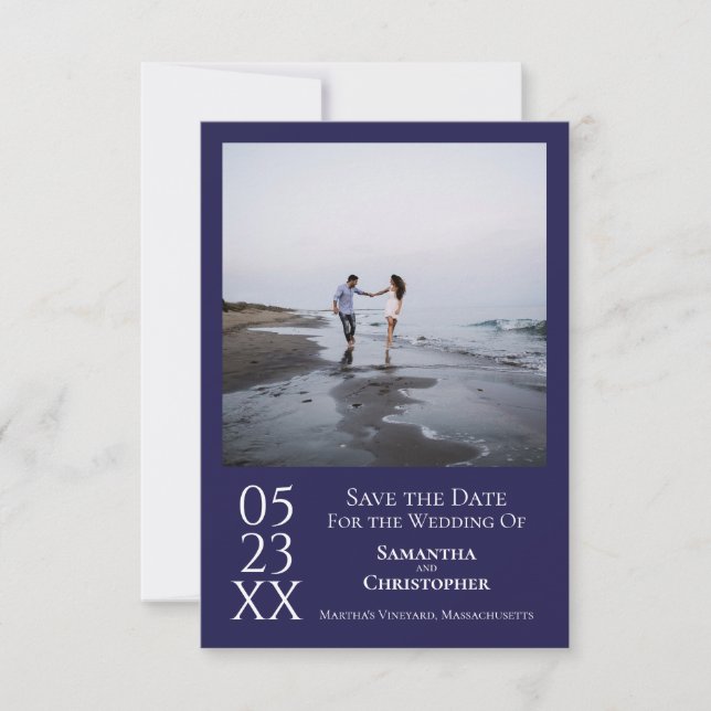 Simple Navy Blue Modern Minimalist Photo Wedding Save The Date (Front)