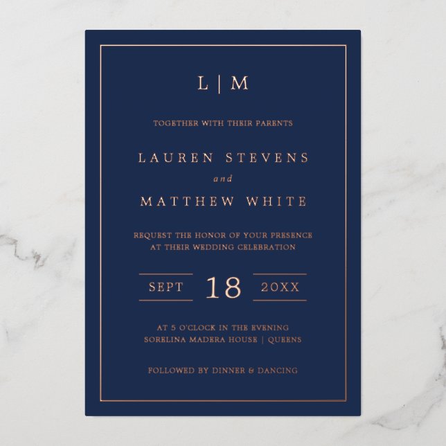 Simple Navy Blue Monogram Elegant Wedding (Front)
