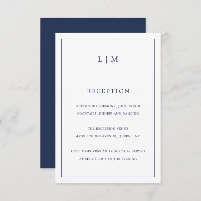 Simple Navy Blue Monogram Elegant Wedding Enclosure Card (Front/Back)