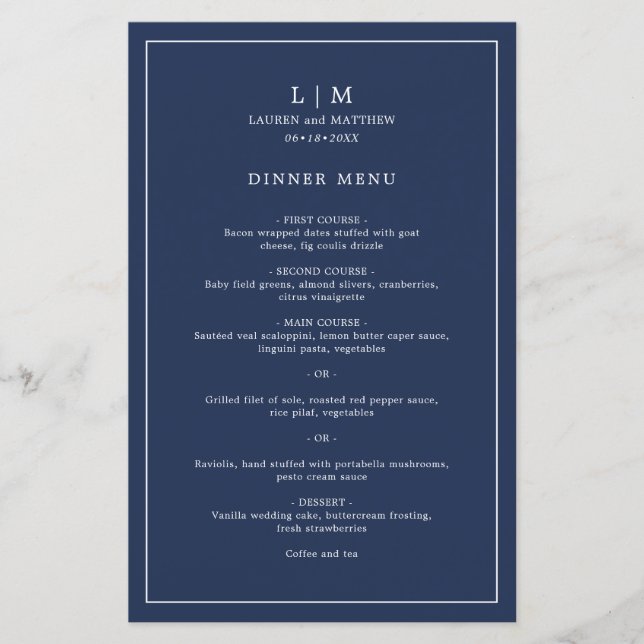 Simple Navy Blue Monogram Elegant Wedding Menu (Front)