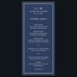 Simple Navy Blue Monogram Elegant Wedding Menu<br><div class="desc">Simple wedding menu featuring a modern yet elegant design with your two letter monogram along with your names and date surrounded by a thin border. All text is in white over a navy blue background. The fonts and background colours may be changed to any colours you wish by clicking the...</div>