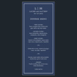 Simple Navy Blue Monogram Elegant Wedding Menu<br><div class="desc">Simple wedding menu featuring a modern yet elegant design with your two letter monogram along with your names and date surrounded by a thin border. All text is in white over a navy blue background. The fonts and background colours may be changed to any colours you wish by clicking the...</div>