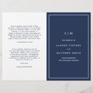 Simple Navy Blue Monogram Elegant Wedding Program