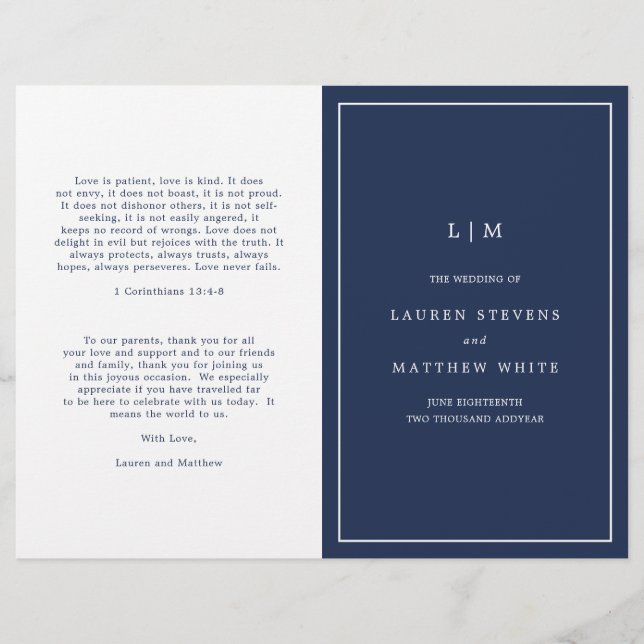 Simple Navy Blue Monogram Elegant Wedding Program (Front)