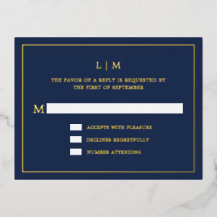 Simple Navy Blue Monogram Elegant Wedding RSVP Foil Invitation Postcard