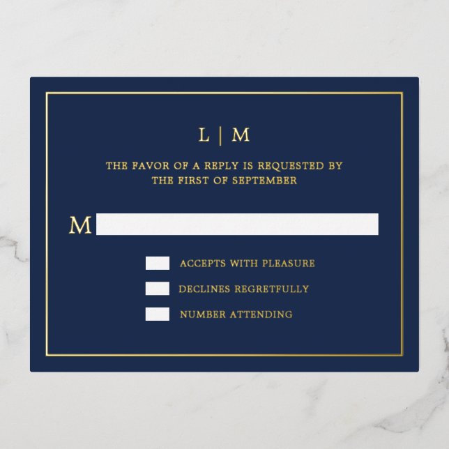 Simple Navy Blue Monogram Elegant Wedding RSVP Foil Invitation Postcard (Front)