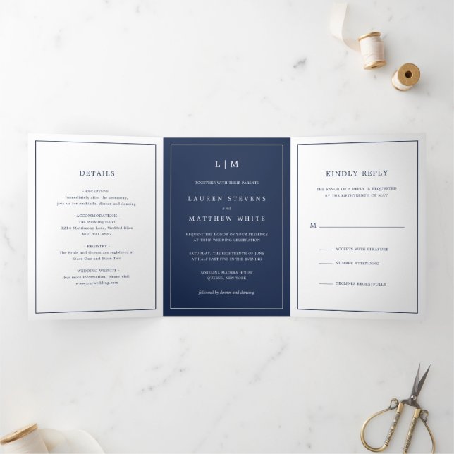 Simple Navy Blue Monogram Elegant Wedding Tri-Fold Invitation (Inside)