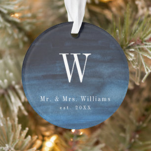 Simple Navy Blue Monogram Newlywed First Christmas Ornament