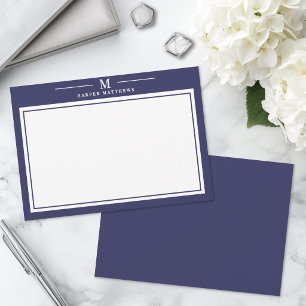 Simple Navy Blue Monogram Stationery Card