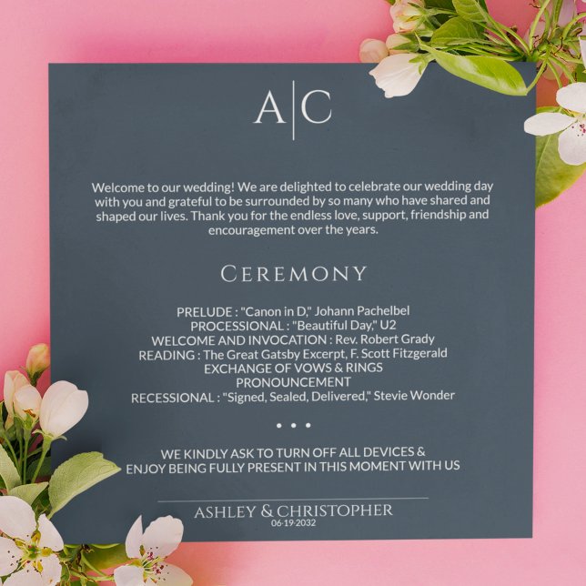 Simple Navy Blue Monogram Wedding Ceremony Programme (Creator Uploaded)