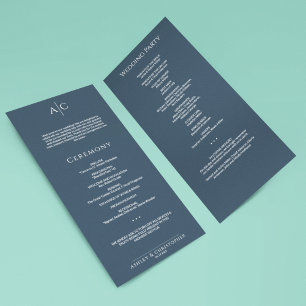 Simple Navy Blue Monogram Wedding Ceremony Programme