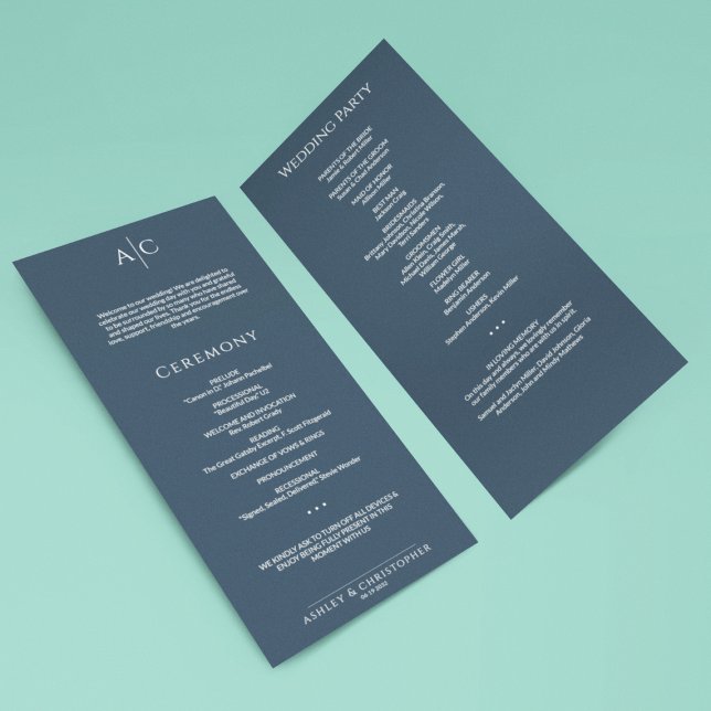 Simple Navy Blue Monogram Wedding Ceremony Programme (Creator Uploaded)