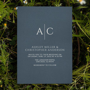Simple Navy Blue Monogram Wedding Invitation