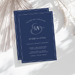 Simple Navy Blue Monogram Wedding Invitation<br><div class="desc">Simple Navy Blue Monogram Wedding Invitation. Stylishly impress your wedding guests with this trendy dark blue wedding invitation featuring a beautiful white script, with the bride and groom's initials on a navy blue background. This Invitation has a stunning royal blue design, with modern and minimal vibes, perfect for your simple,...</div>