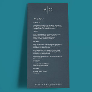 Simple Navy Blue Monogram Wedding Reception Menu