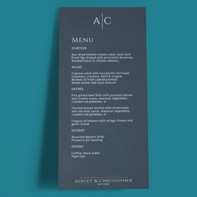 Simple Navy Blue Monogram Wedding Reception Menu (Creator Uploaded)