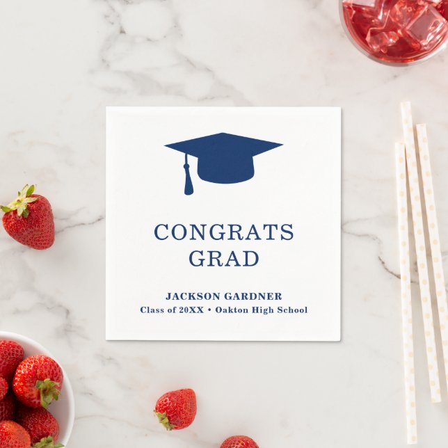 Simple Navy Blue Mortar Board Modern Graduation Napkin (Insitu)