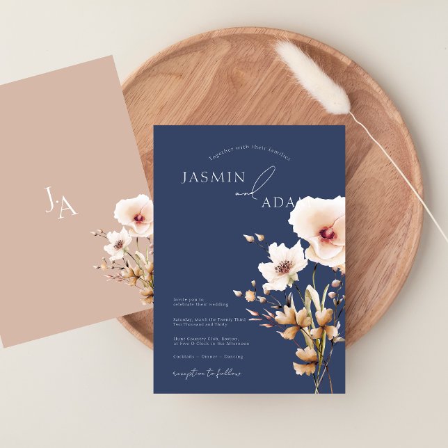 Simple Navy Blue Pink Wildflowers Floral Wedding Invitation (Simple Navy Blue Pink Wildflowers Floral Wedding Invitation)