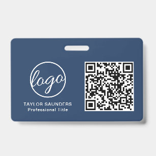 Simple Navy Blue QR Code Employee ID Badge