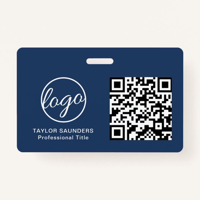 Simple Navy Blue QR Code Employee ID ID Badge (Front)