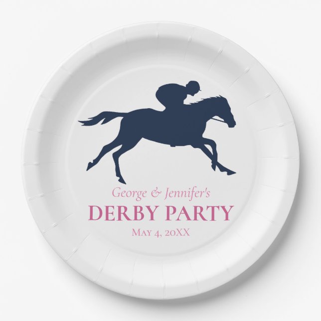 Simple Navy Blue Race Horse Silhouette Personalise Paper Plate (Front)