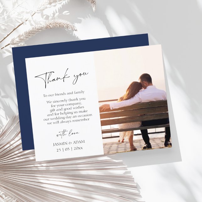 Simple Navy Blue Script Photo Wedding Thank You Postcard (Creator Uploaded)