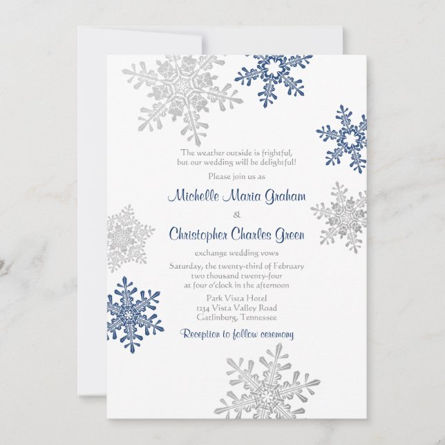 Simple Navy Blue Silver Winter Snowflake Wedding Invitation (Front)