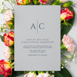 Simple Navy Blue & Steel Grey Monogram Wedding Invitation