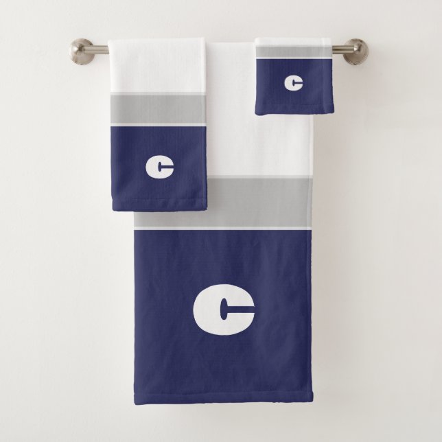 Simple Navy Blue Stripe Monogram Bath Towel Set (Insitu)