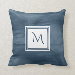 Simple Navy Blue Subtle Marble Modern Monogram Cushion
