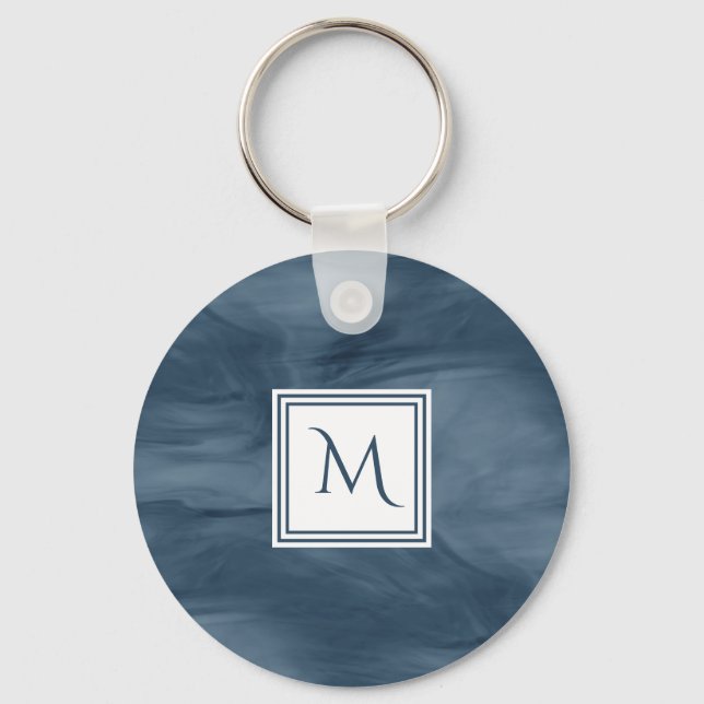 Simple Navy Blue Subtle Marble Modern Monogram Key Ring (Front)